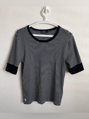 POLO RALPH LAUREN Black and White Striped Solid Black Cuff Crew Neck Tee Size L